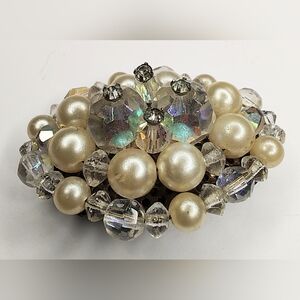 Faux Pearl Faceted AB and Clear Rhinestone Cluster‎ 2" Brooch Made In Germany